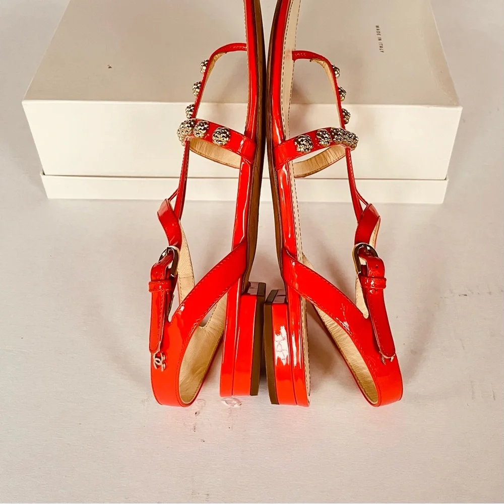 CHANEL coral red gold camellia studded flat sandals 38
